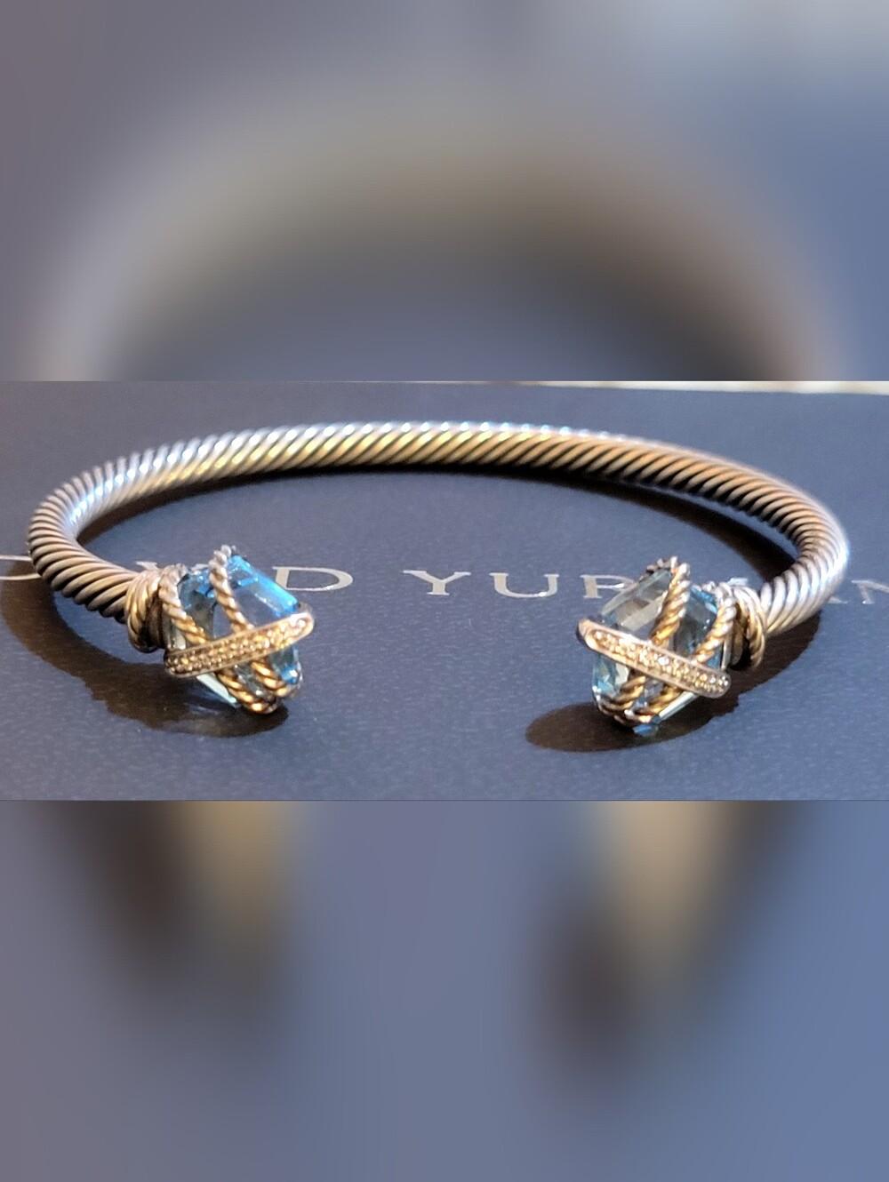 David Yurman Blue Topaz and Pave Diamond 4 mm Cable Wire Bracelet - Picture 8 of 16